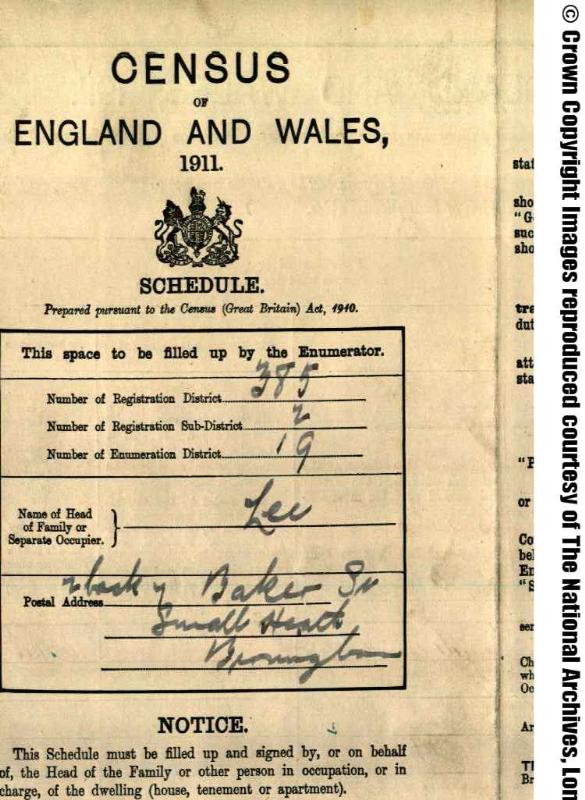 Lee (William Thomas) 1911 Census Address